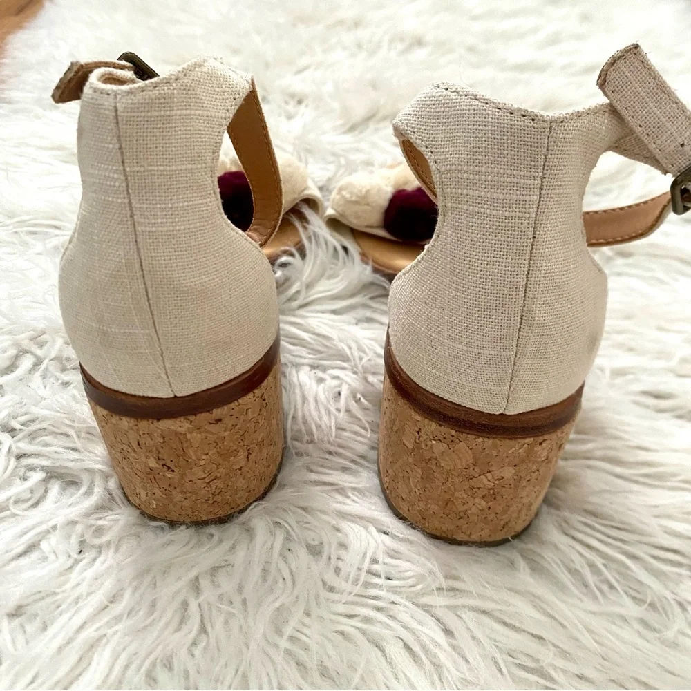 Soludos Capri Pom Pom Fringe Block Heel Sandal Ankle Strap Size 9.5 Open Toe